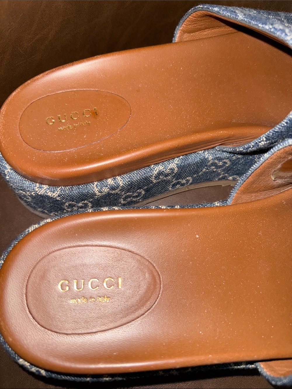 Gucci Denim Monogram Platform Slide Mules in Blue and Brown - flash sale - Picture 5 of 8